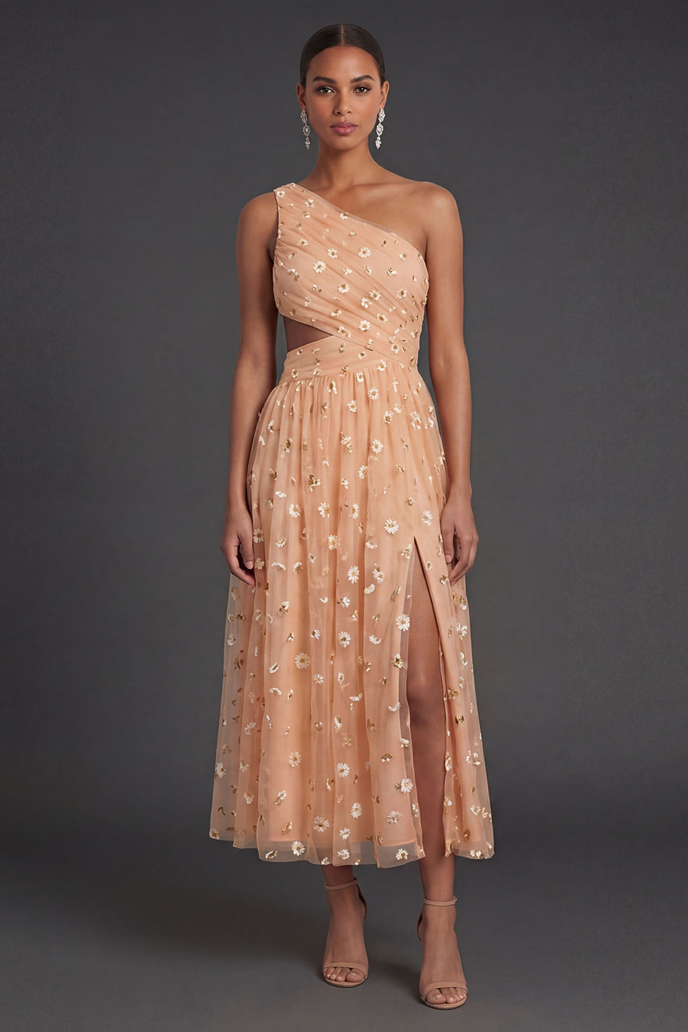 Light Orange One Shoulder Ruched Cut Out Midi Beach Wedding Guest Dress