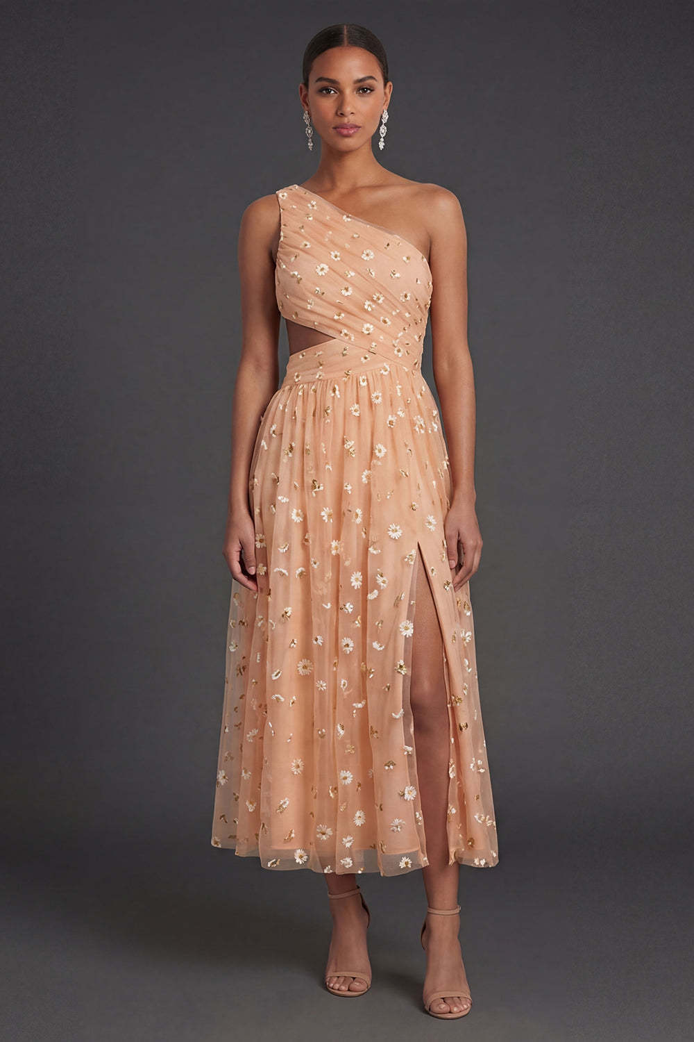 Leely Women Light Orange One Shoulder Midi Beach Wedding Guest Dress Ruched Cut Out Appliqued Garden Party Dress