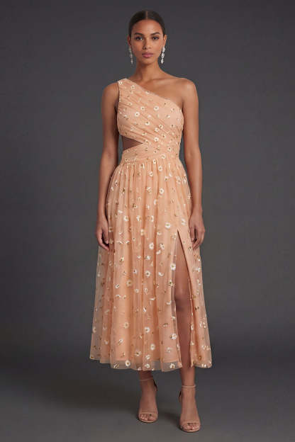 Leely Women Light Orange One Shoulder Midi Beach Wedding Guest Dress Ruched Cut Out Appliqued Garden Party Dress