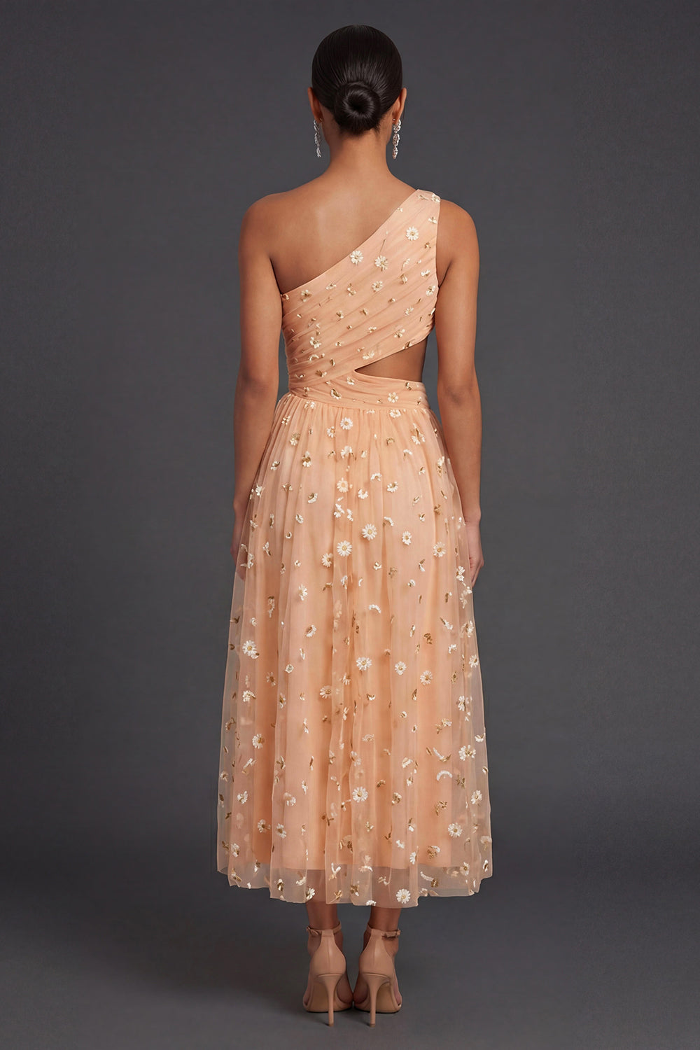 Light Orange One Shoulder Ruched Cut Out Midi Beach Wedding Guest Dress