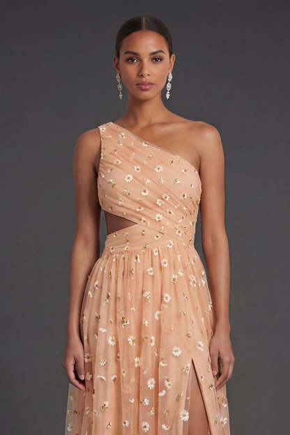 Light Orange One Shoulder Ruched Cut Out Midi Beach Wedding Guest Dress