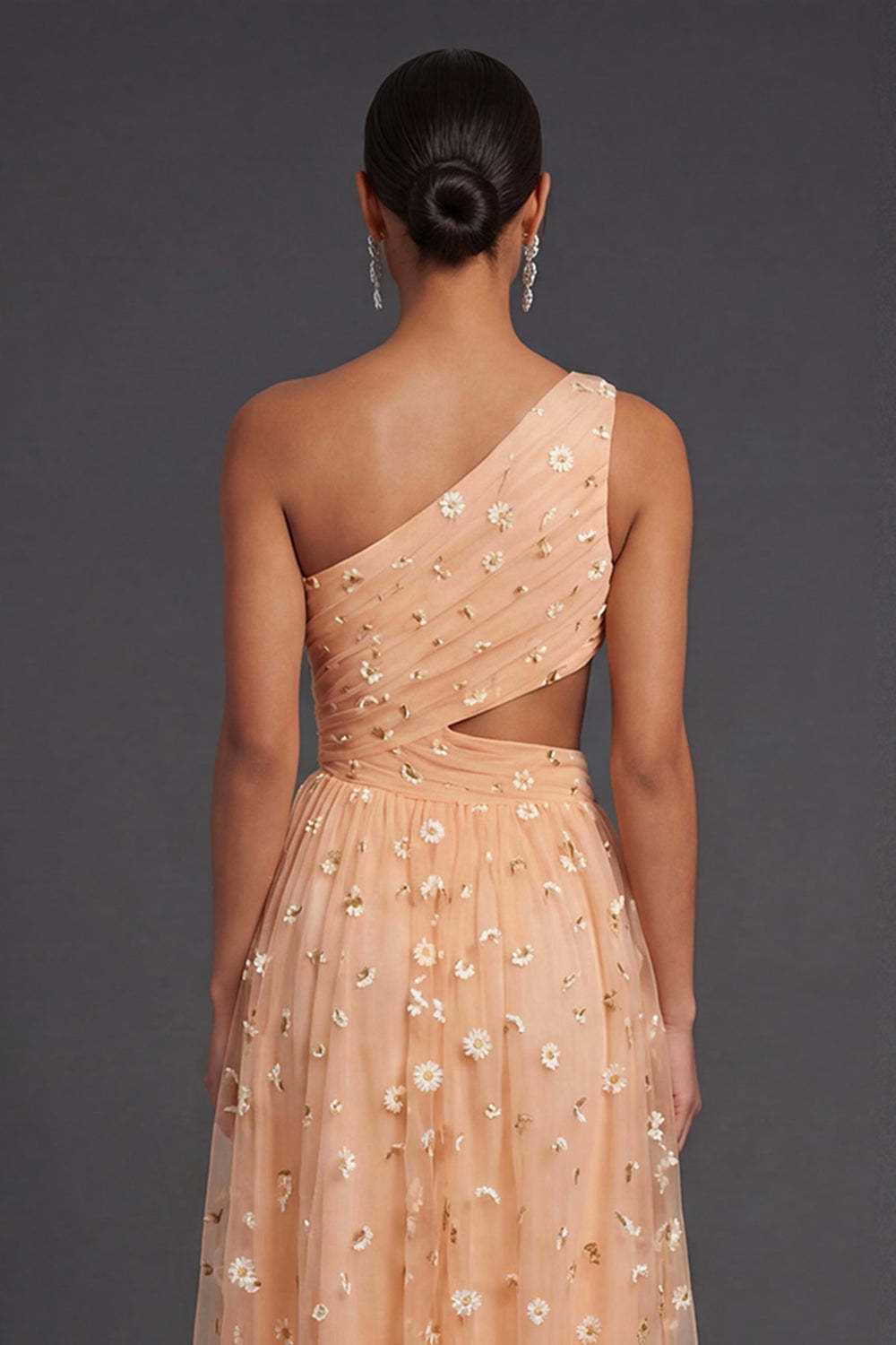 Light Orange One Shoulder Ruched Cut Out Midi Beach Wedding Guest Dress
