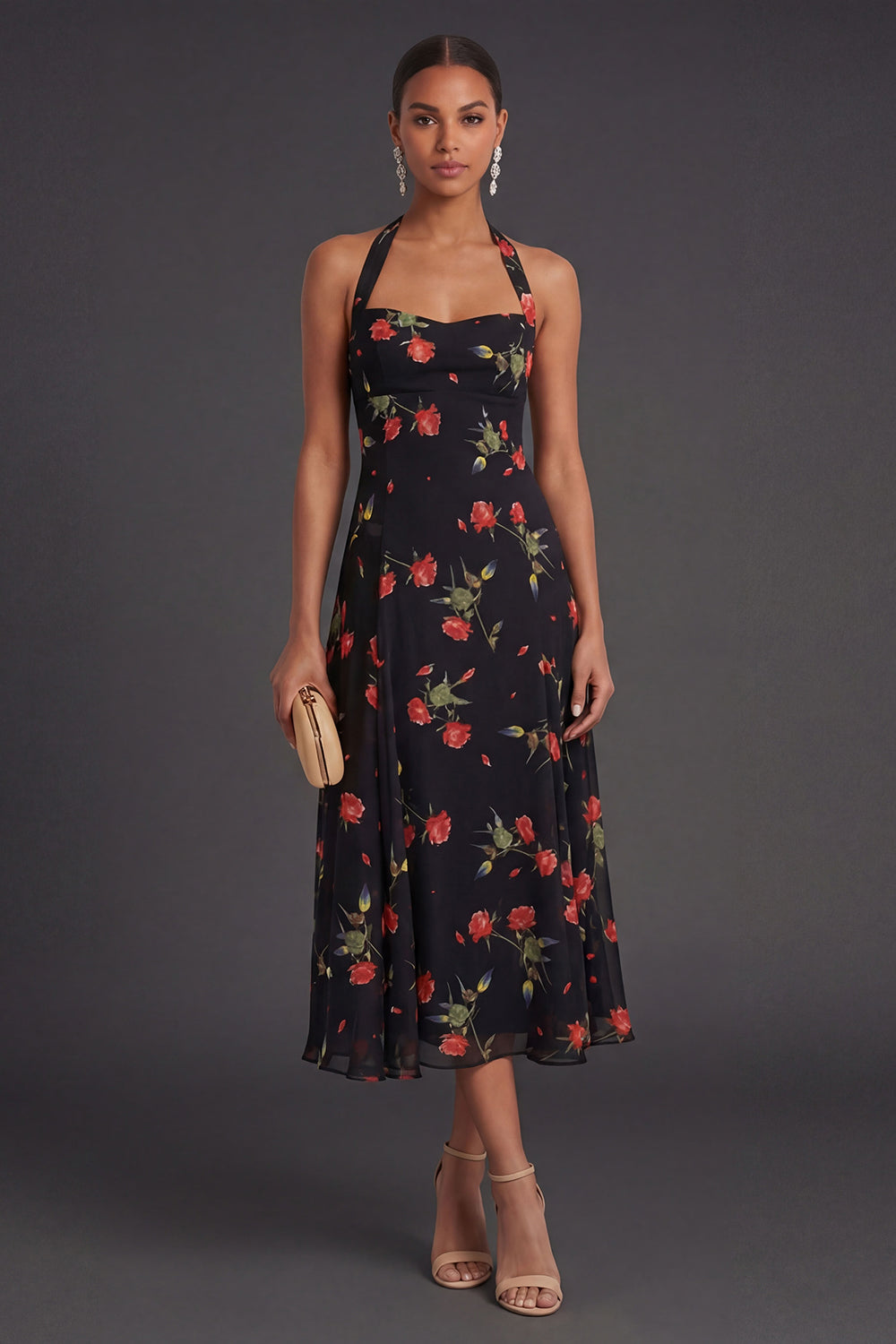 Black Floral Halter Neck A Line Midi Beach Wedding Guest Dress
