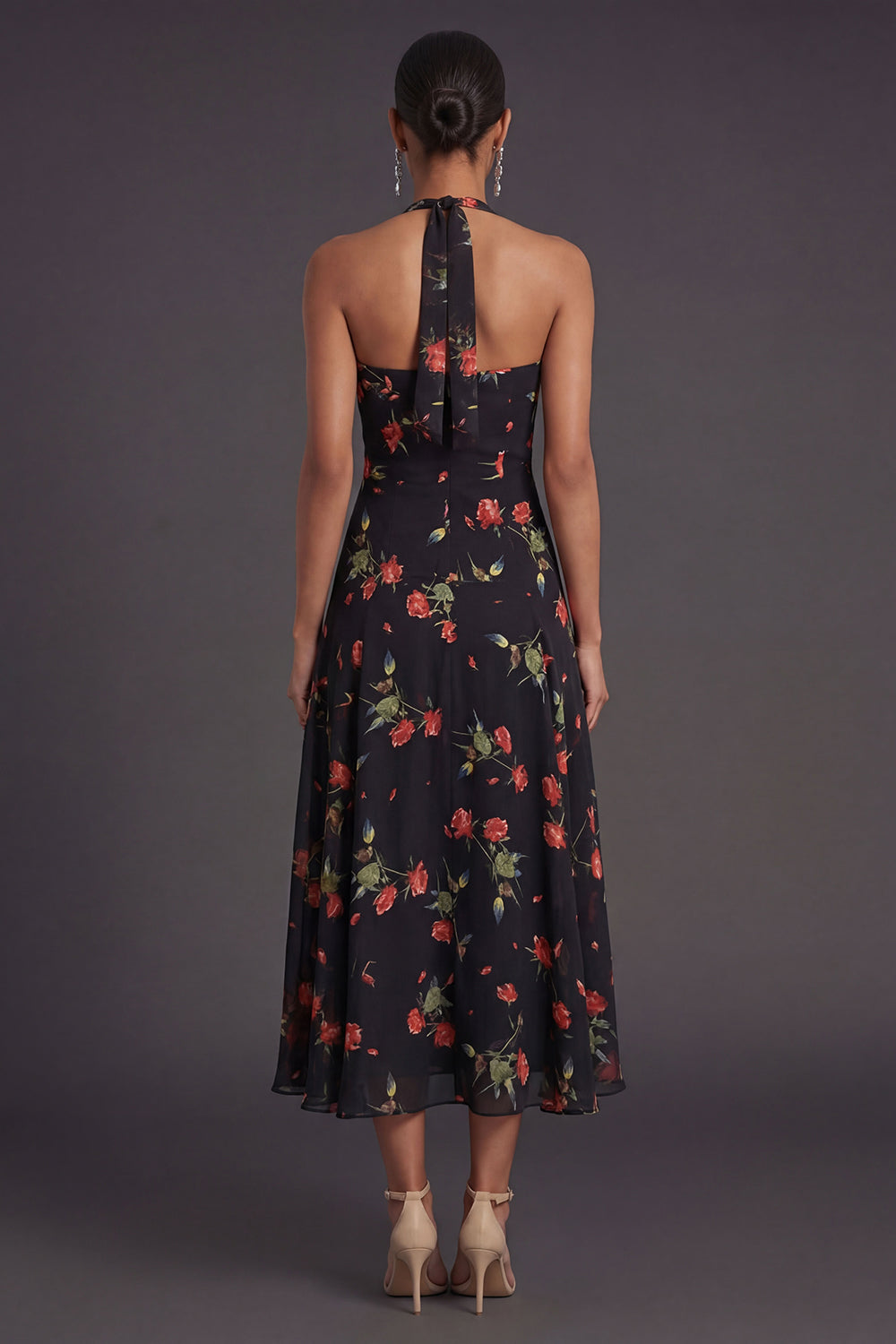 Black Floral Halter Neck A Line Midi Beach Wedding Guest Dress