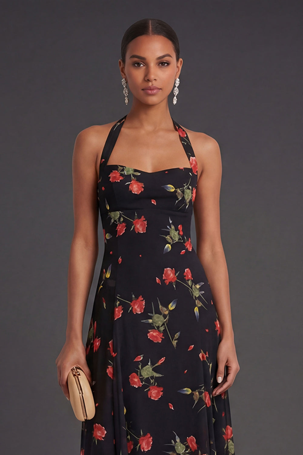 Black Floral Halter Neck A Line Midi Beach Wedding Guest Dress