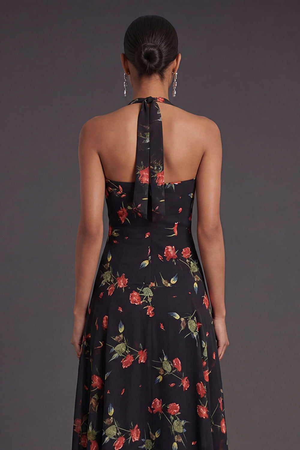 Black Floral Halter Neck A Line Midi Beach Wedding Guest Dress