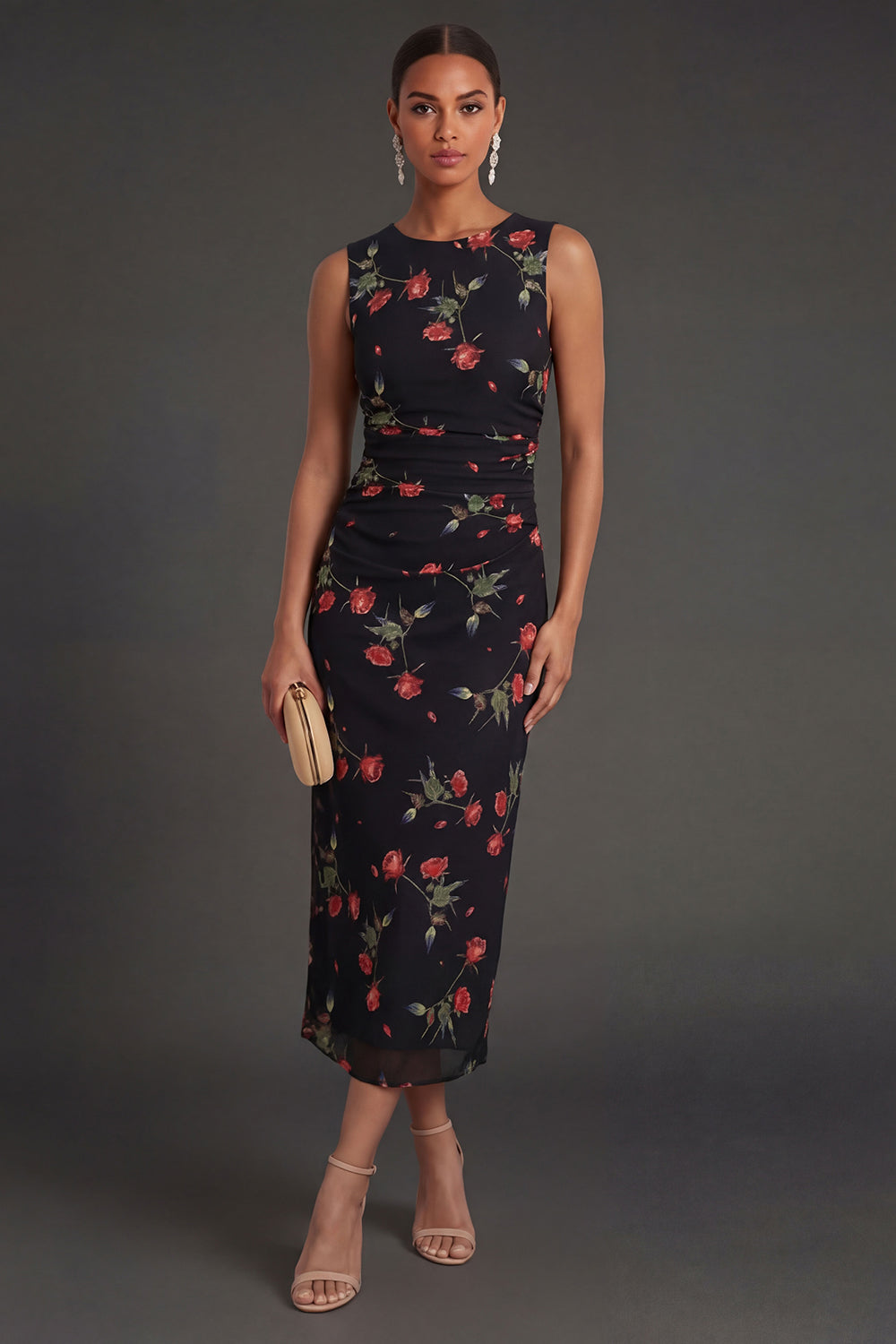Leely Women Sheath Black Floral Ruched Midi Beach Wedding Guest Dress Round Neck Sleeveless Garden Party Dress