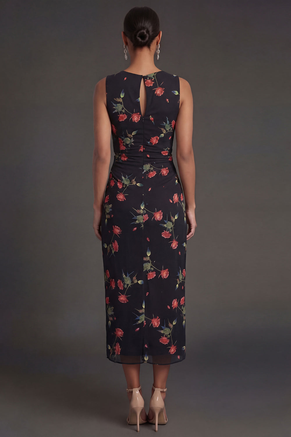 Sheath Black Floral Ruched Round Neck Midi Beach Wedding Guest Dress
