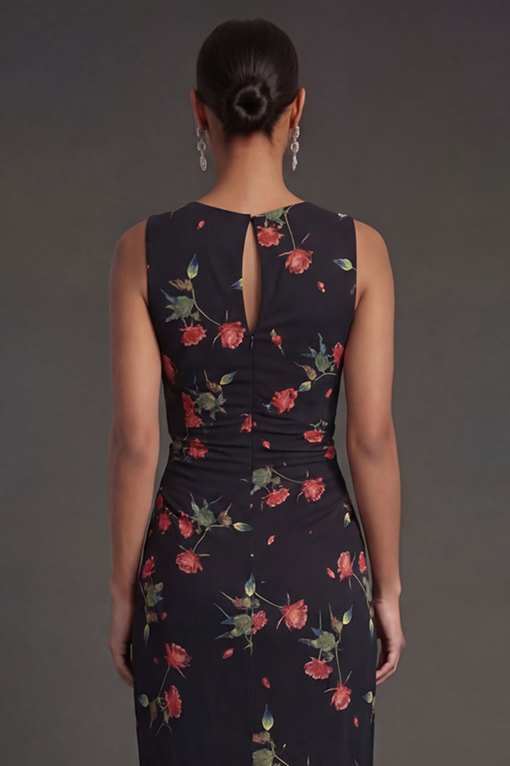 Sheath Black Floral Ruched Round Neck Midi Beach Wedding Guest Dress
