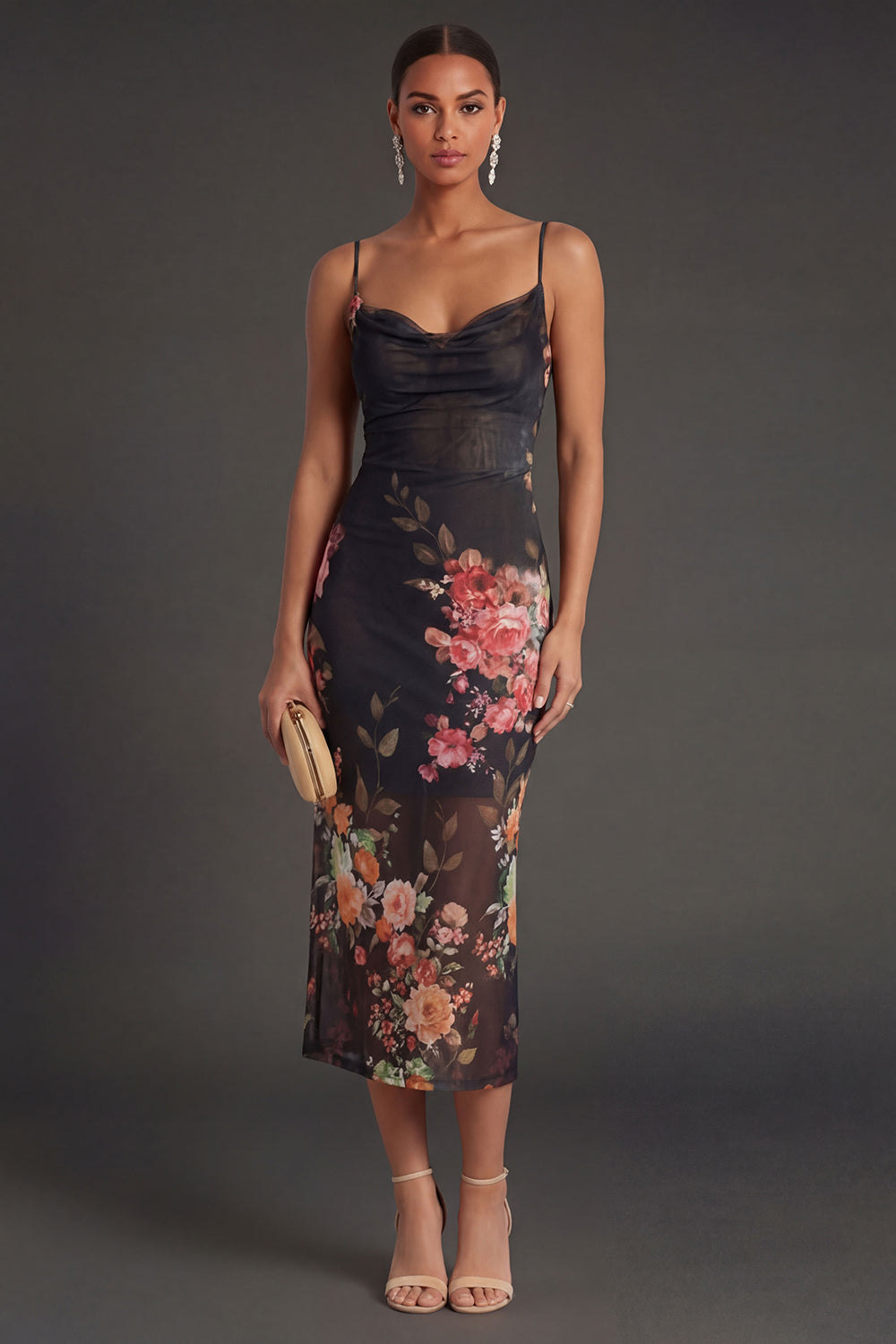 Leely Women Floral Sheath Spaghetti Straps Midi Beach Wedding Guest Dress Sleeveless Backless Garden Party Dress