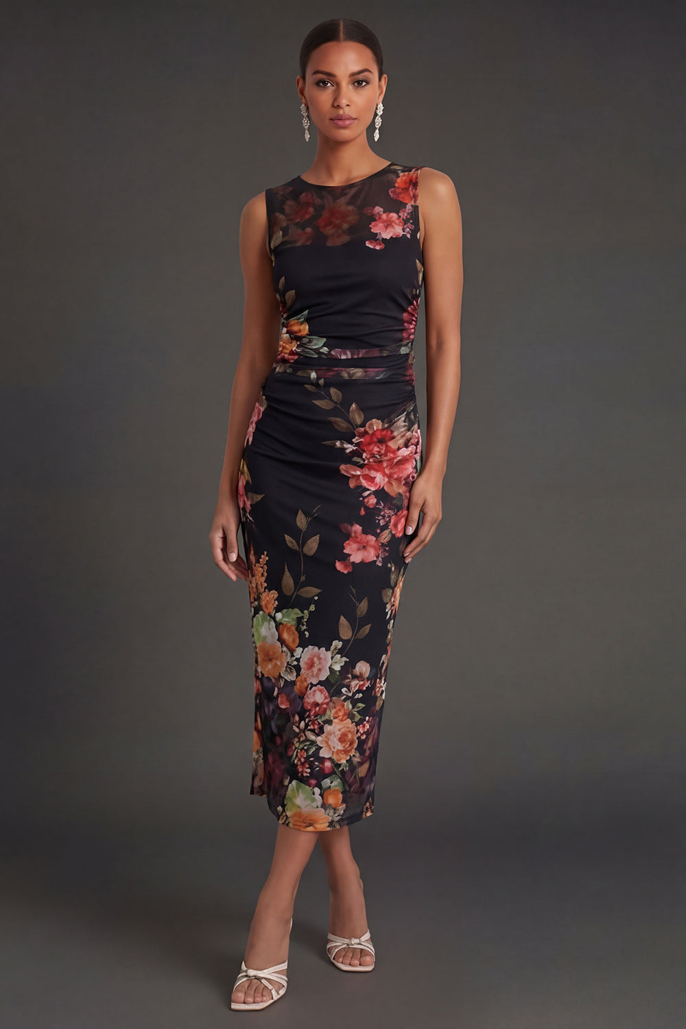 Ruched Floral Black Sheath Sleeveless Midi Beach Wedding Guest Dress