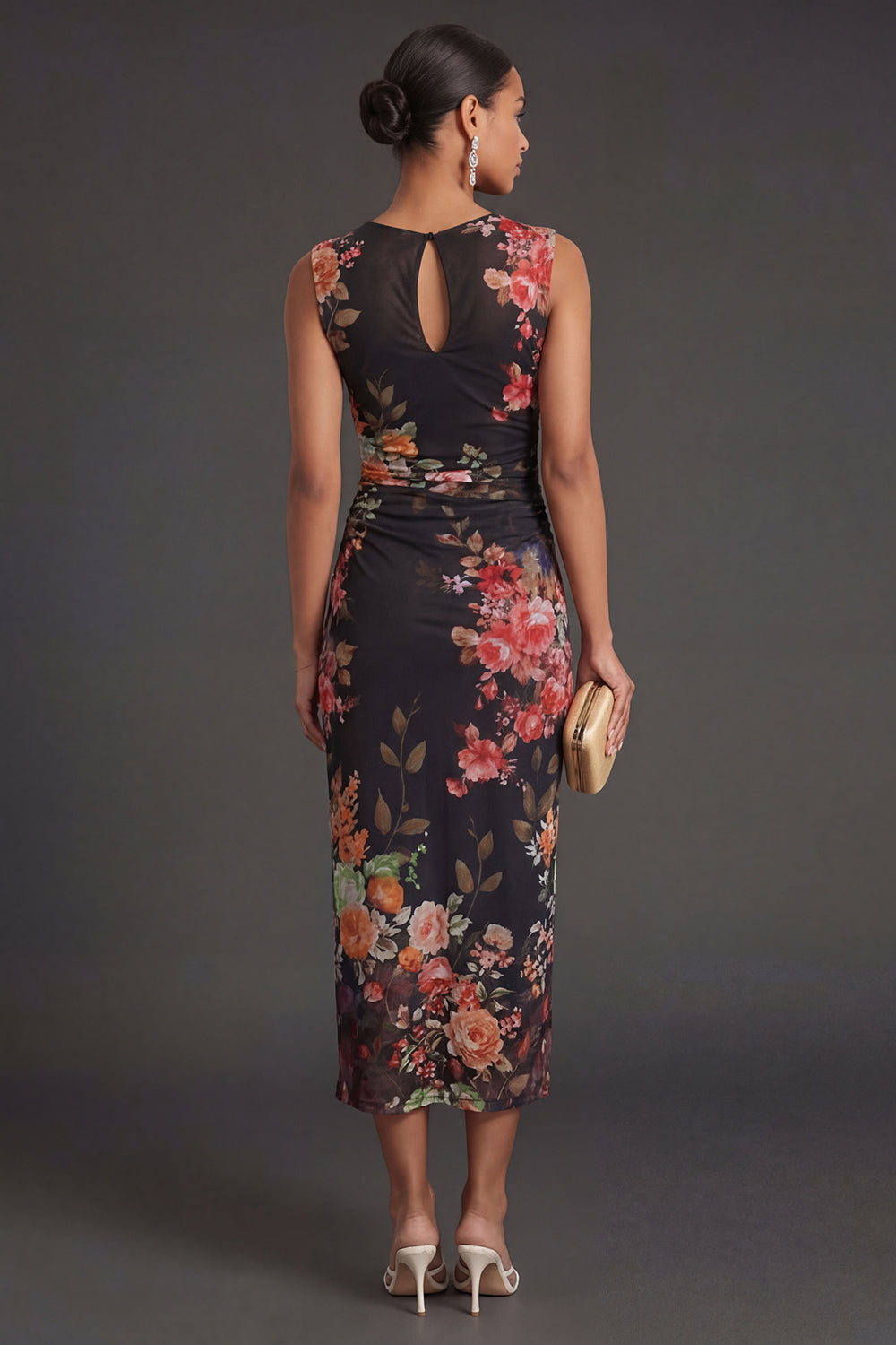 Ruched Floral Black Sheath Sleeveless Midi Beach Wedding Guest Dress