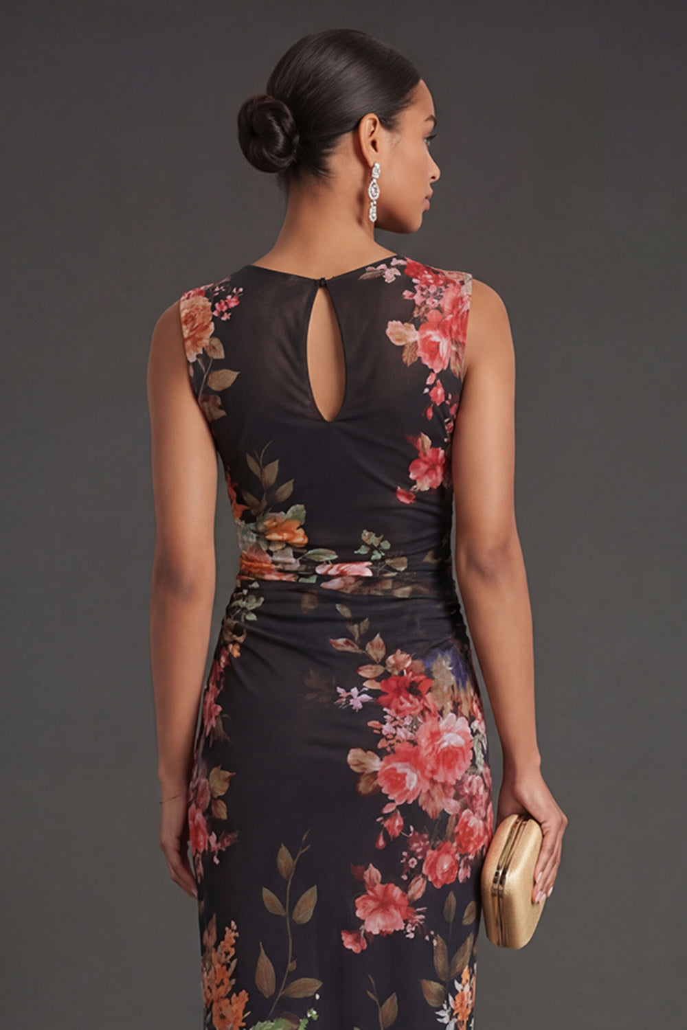 Ruched Floral Black Sheath Sleeveless Midi Beach Wedding Guest Dress