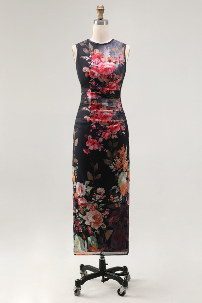Ruched Floral Black Sheath Sleeveless Midi Beach Wedding Guest Dress