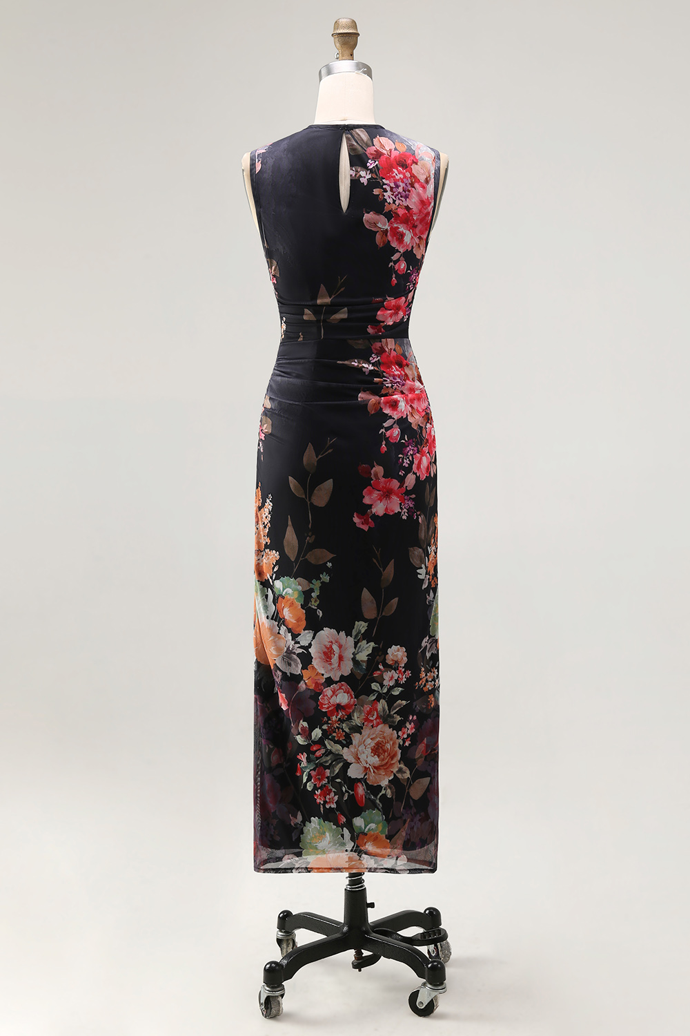 Ruched Floral Black Sheath Sleeveless Midi Beach Wedding Guest Dress