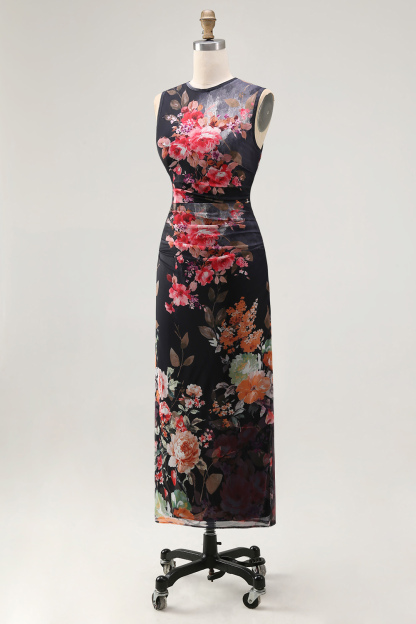 Ruched Floral Black Sheath Sleeveless Midi Beach Wedding Guest Dress