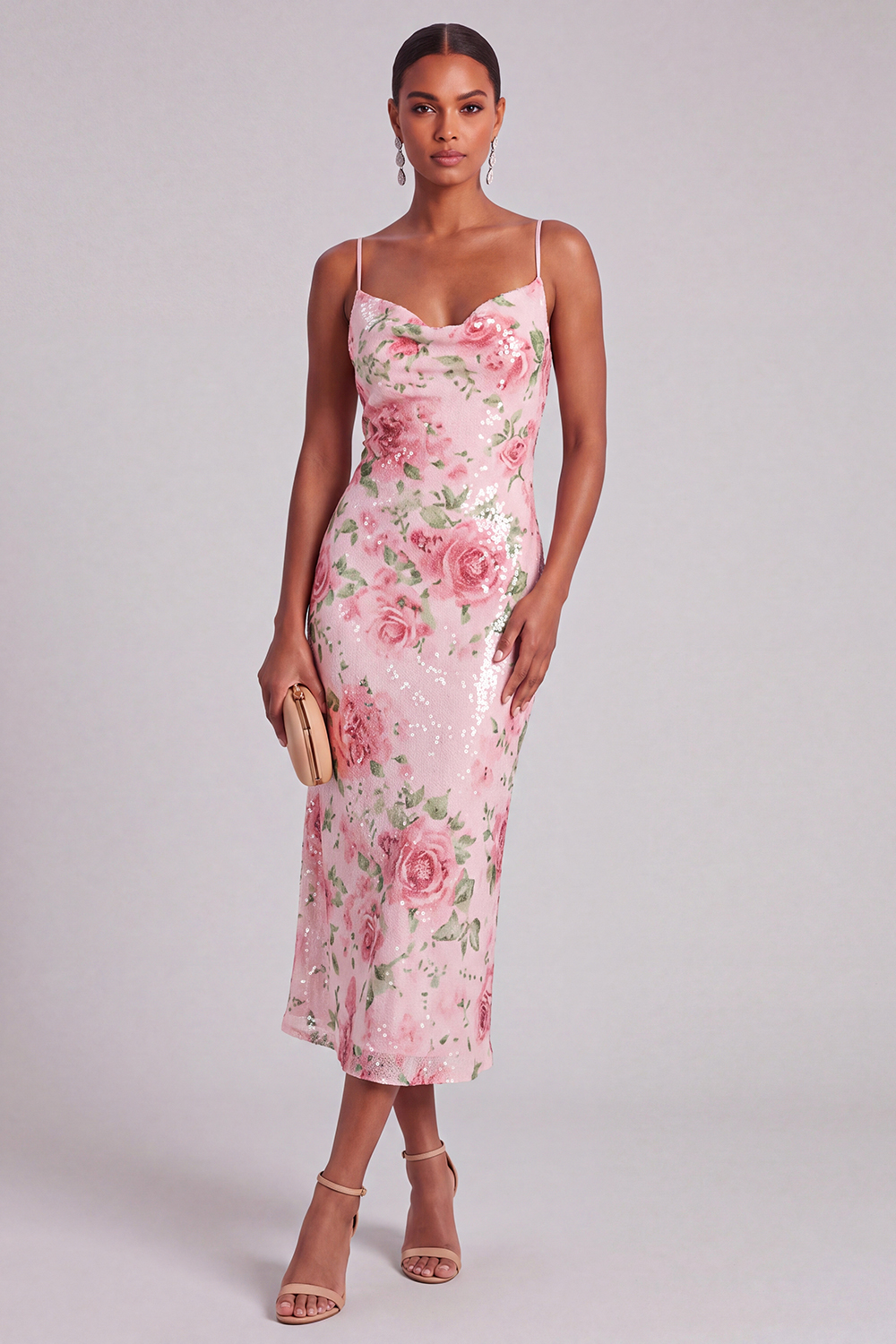 Leely Women Pink Floral Sheath Midi Wedding Guest Dress Spaghetti Straps Sleeveless Backless Garden Party Dress
