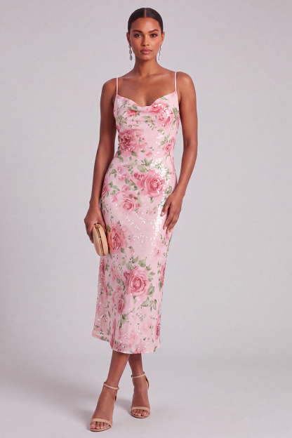Leely Women Pink Floral Sheath Midi Wedding Guest Dress Spaghetti Straps Sleeveless Backless Garden Party Dress