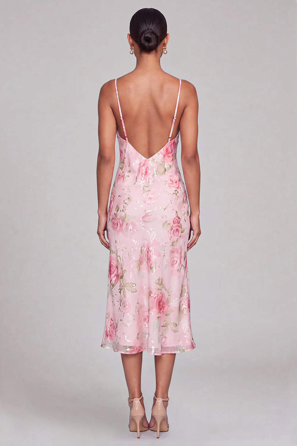 Pink Floral Sheath Spaghetti Straps Midi Wedding Guest Dress