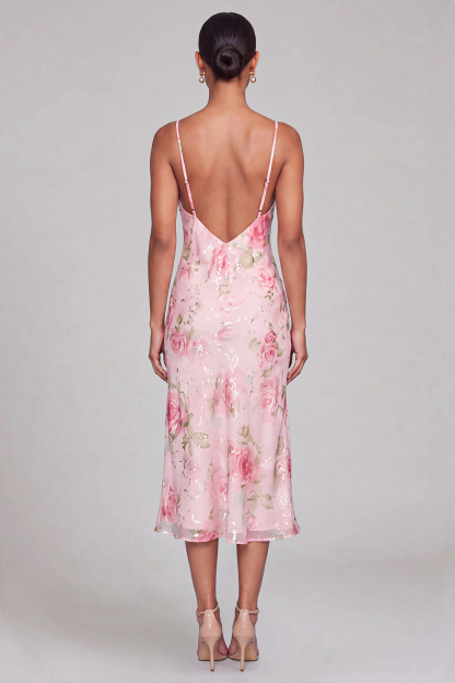 Pink Floral Sheath Spaghetti Straps Midi Wedding Guest Dress