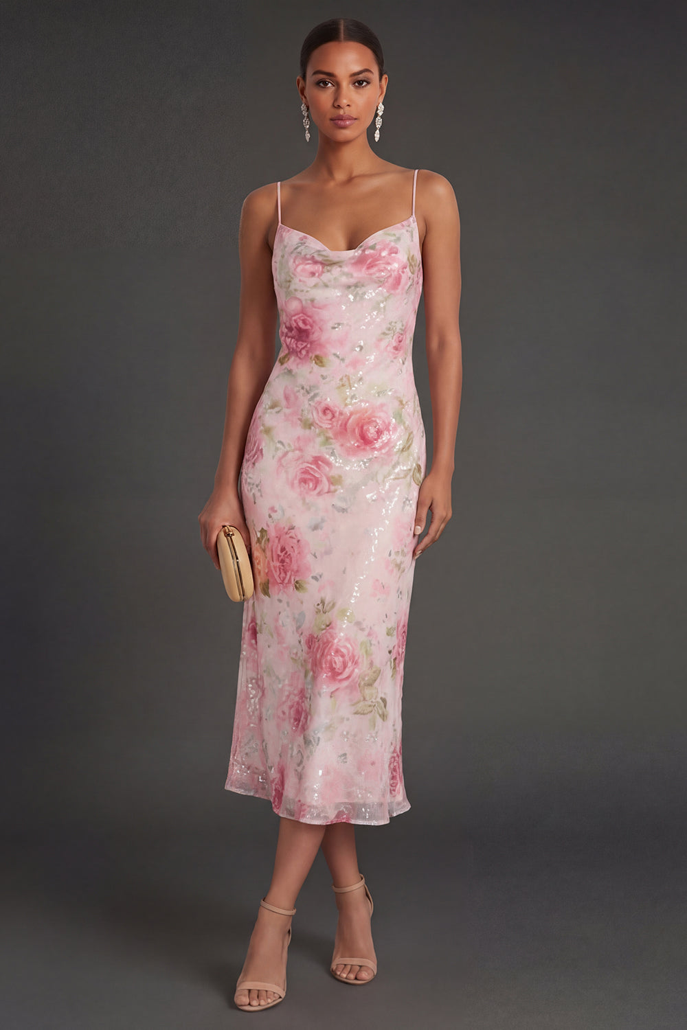Pink Floral Sheath Spaghetti Straps Midi Wedding Guest Dress