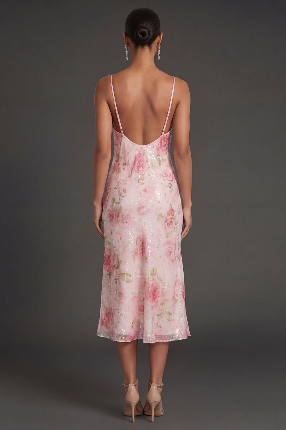 Pink Floral Sheath Spaghetti Straps Midi Wedding Guest Dress