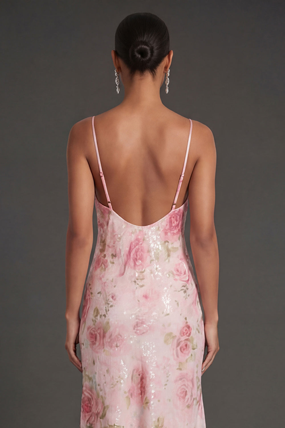 Pink Floral Sheath Spaghetti Straps Midi Wedding Guest Dress