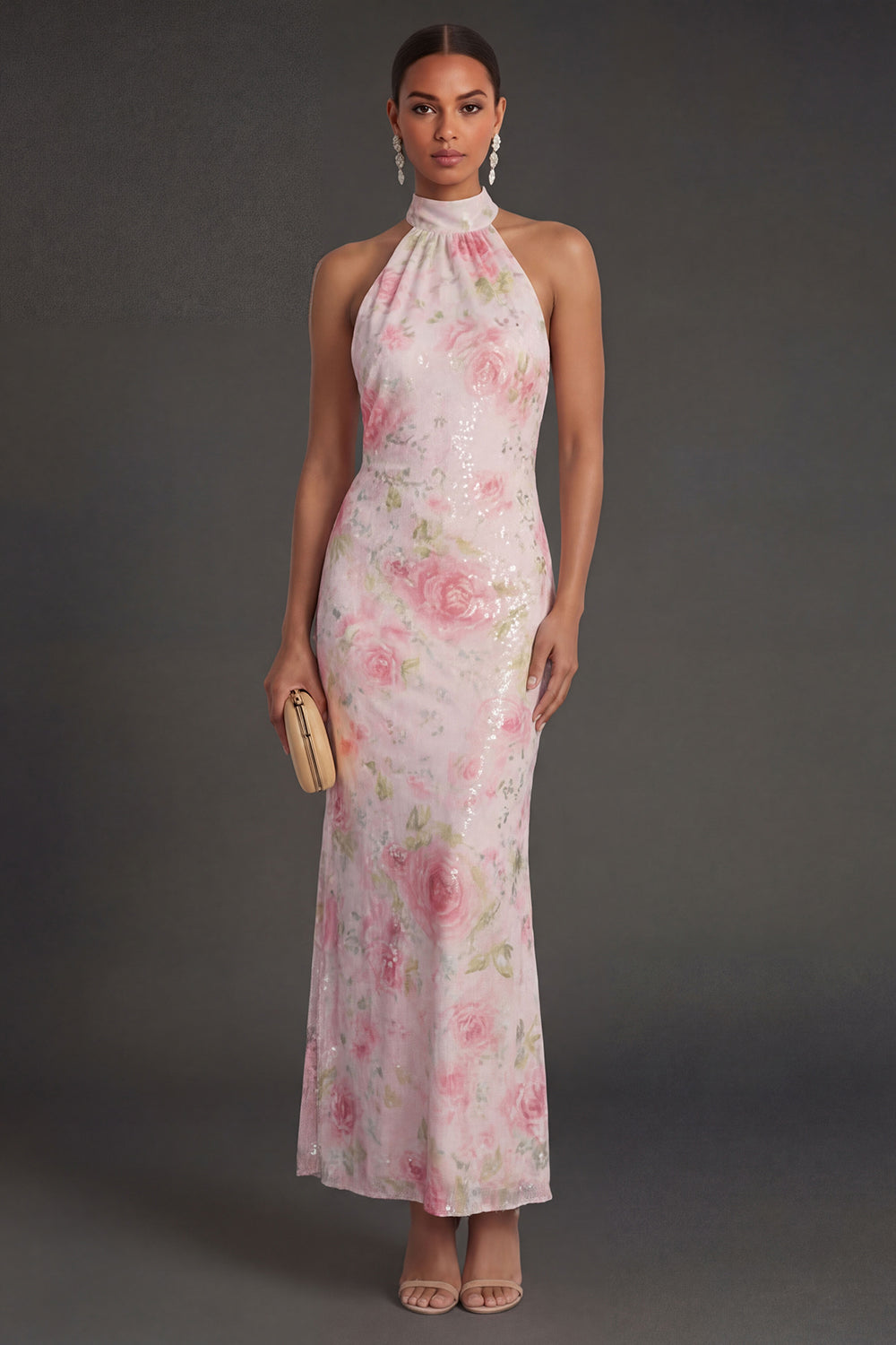 White Pink Floral Sheath Halter Neck Long Beach Wedding Guest Dress