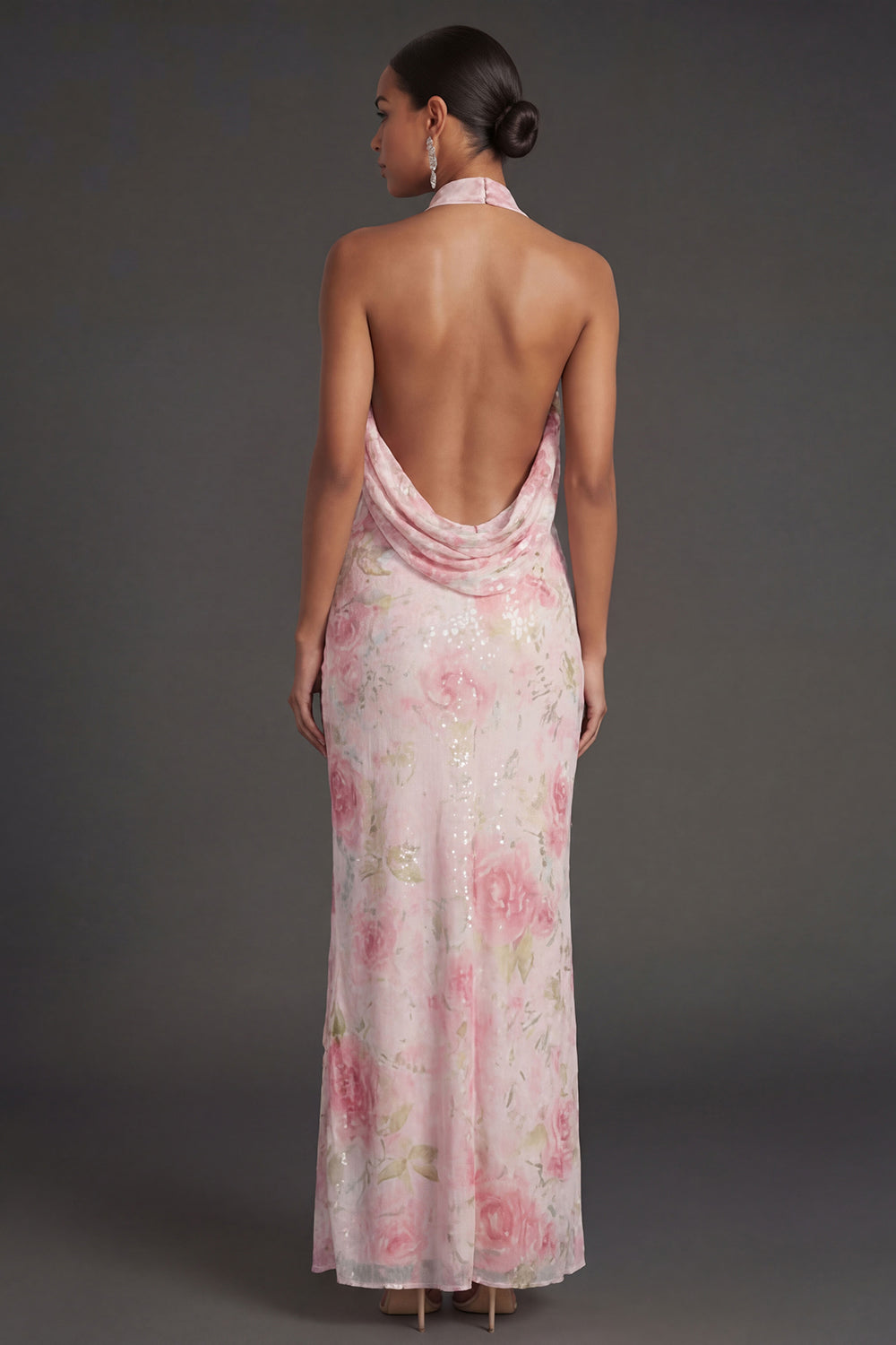 White Pink Floral Sheath Halter Neck Long Beach Wedding Guest Dress