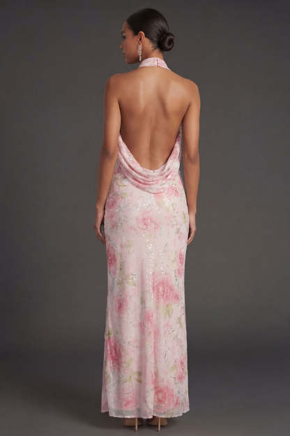 White Pink Floral Sheath Halter Neck Long Beach Wedding Guest Dress