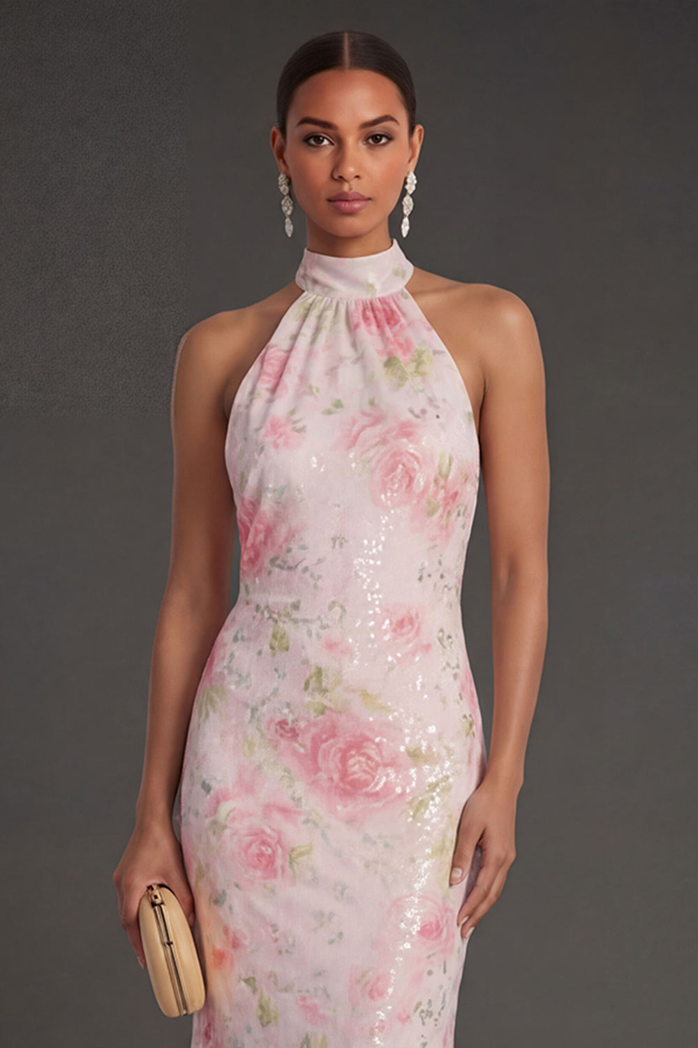 White Pink Floral Sheath Halter Neck Long Beach Wedding Guest Dress