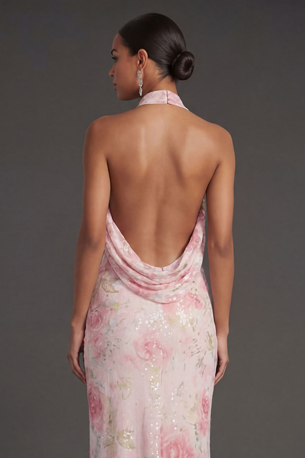 White Pink Floral Sheath Halter Neck Long Beach Wedding Guest Dress