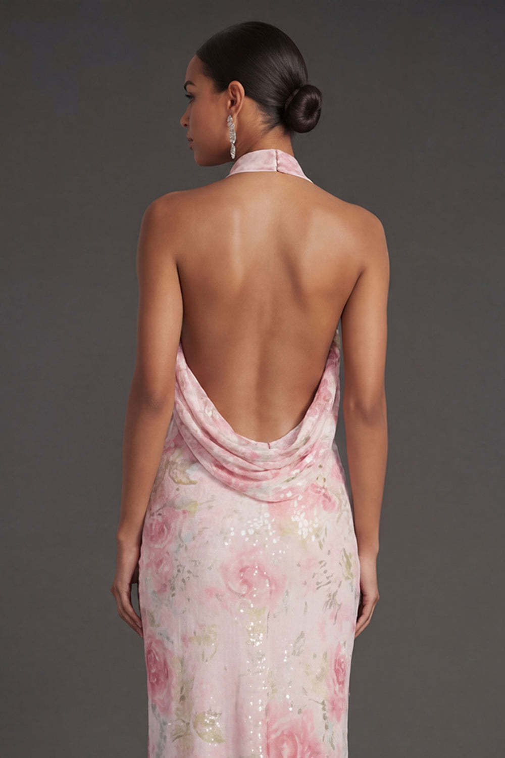 White Pink Floral Sheath Halter Neck Long Beach Wedding Guest Dress