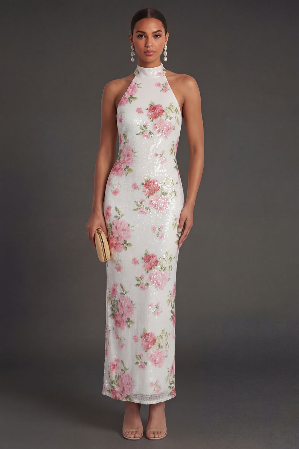 White Pink Floral Sheath Halter Neck Long Beach Wedding Guest Dress