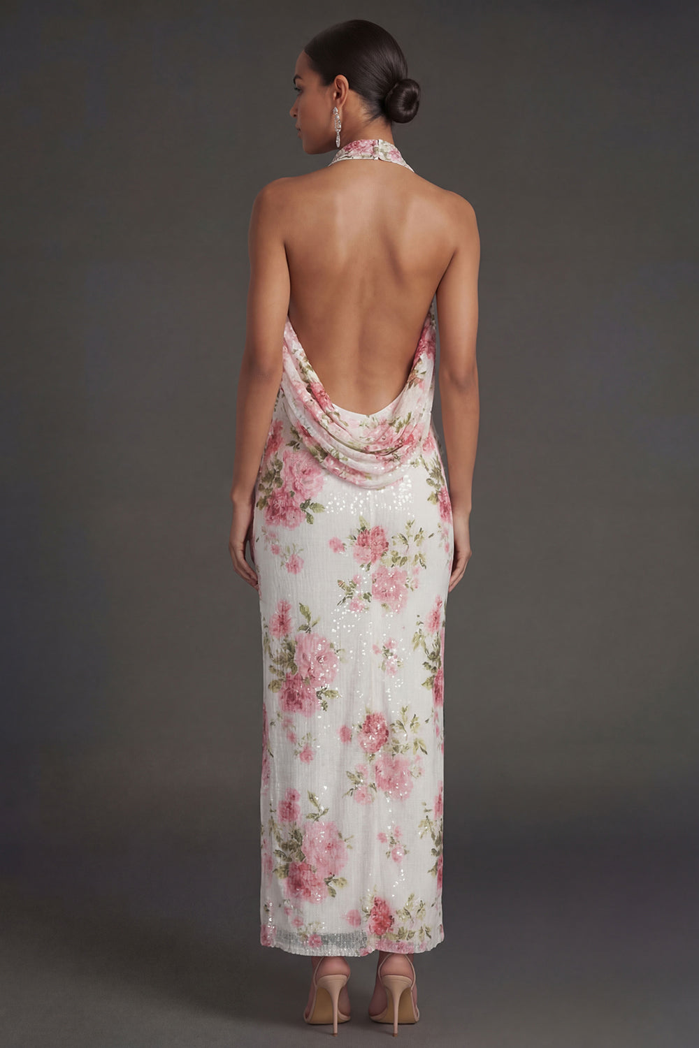 White Pink Floral Sheath Halter Neck Long Beach Wedding Guest Dress