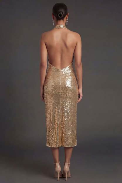 Halter Neck Sparkly Gold Sheath Midi Wedding Guest Dress with Slit
