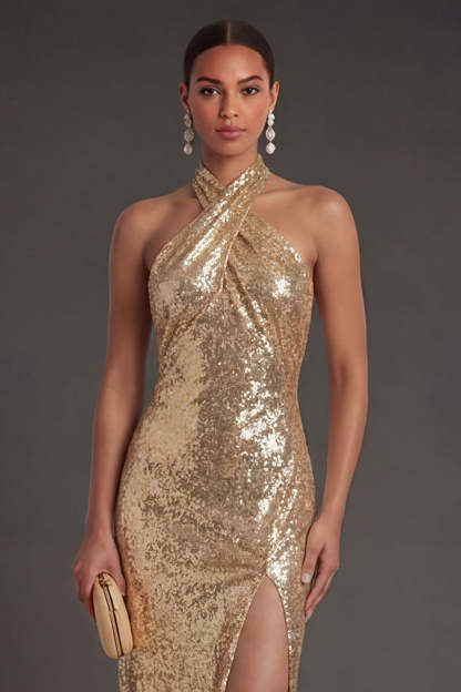 Halter Neck Sparkly Gold Sheath Midi Wedding Guest Dress with Slit