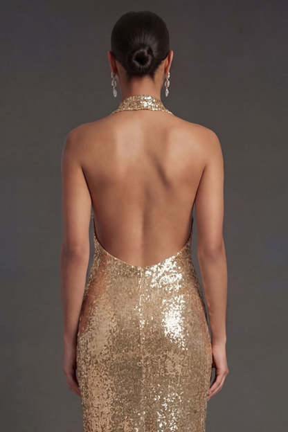 Halter Neck Sparkly Gold Sheath Midi Wedding Guest Dress with Slit