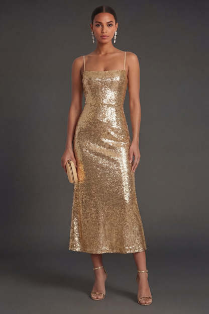 Leely Women Spaghetti Straps Sparkly Gold Sheath Midi Wedding Guest Dress Backless Sleeveless Pageant Dress