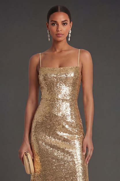 Spaghetti Straps Sparkly Gold Sheath Midi Wedding Guest Dress