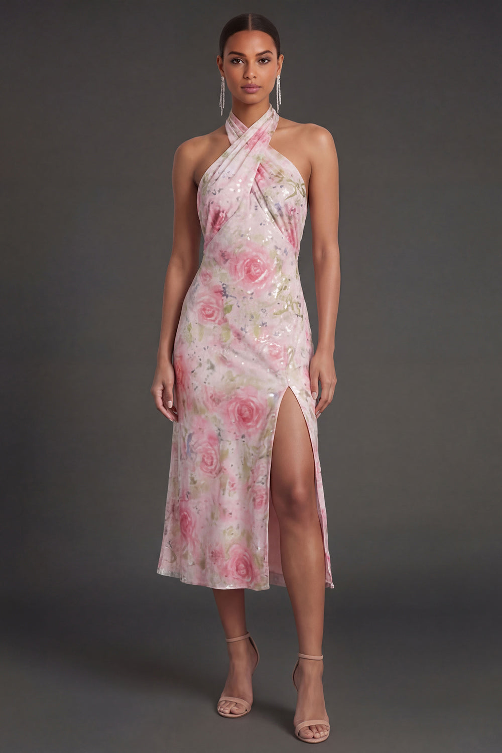 Pink Floral Sheath Halter Neck Midi Beach Wedding Guest Dress with Slit