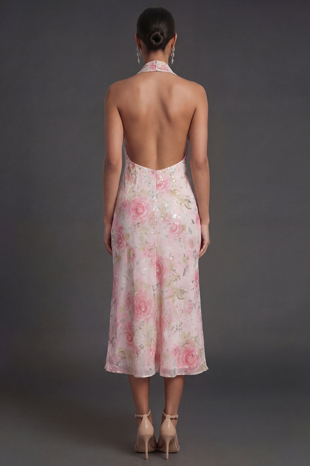 Pink Floral Sheath Halter Neck Midi Beach Wedding Guest Dress with Slit