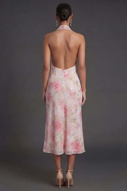 Pink Floral Sheath Halter Neck Midi Beach Wedding Guest Dress with Slit