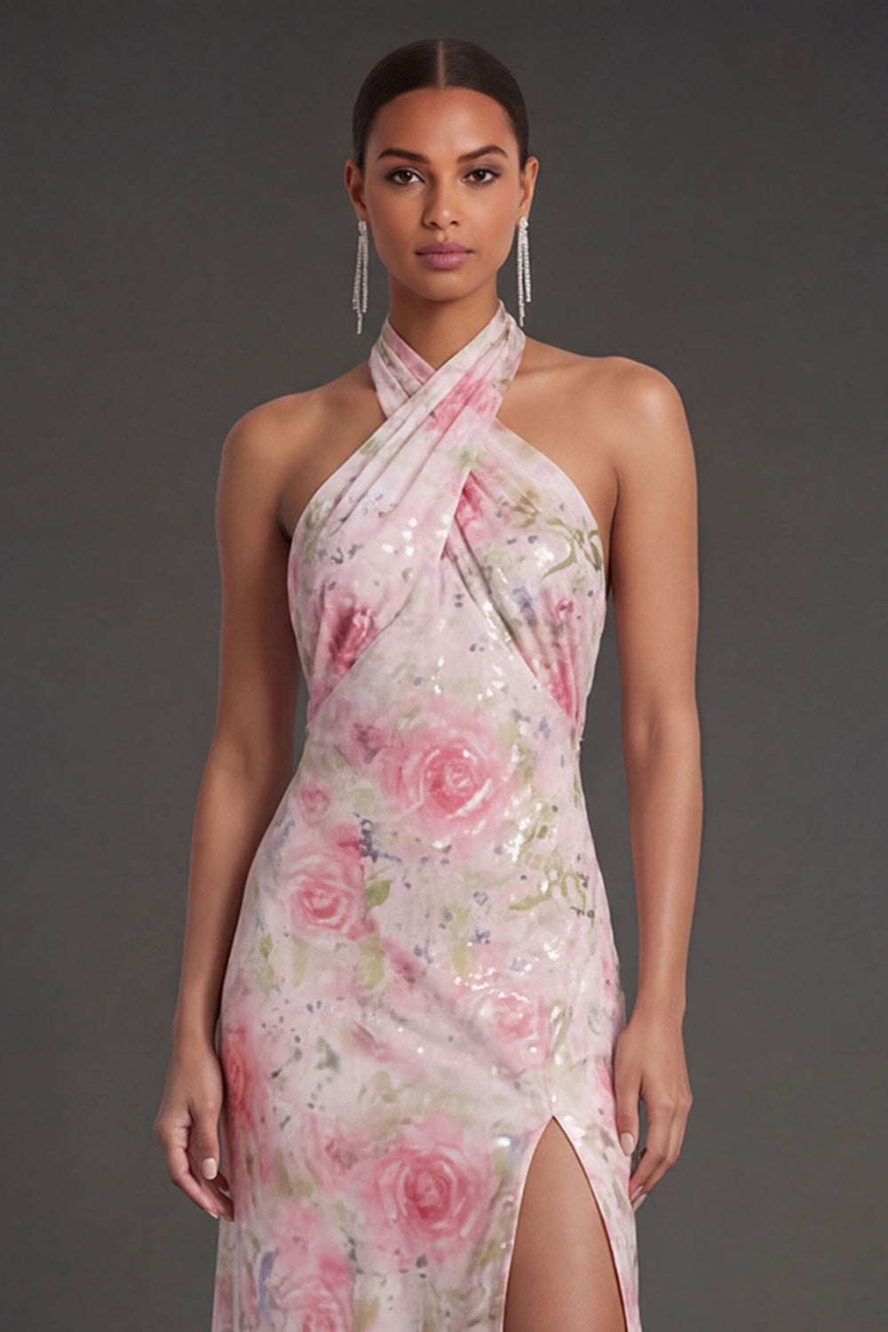 Pink Floral Sheath Halter Neck Midi Beach Wedding Guest Dress with Slit