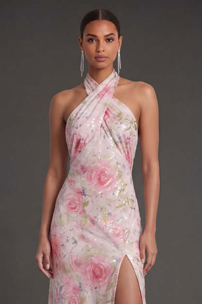 Pink Floral Sheath Halter Neck Midi Beach Wedding Guest Dress with Slit