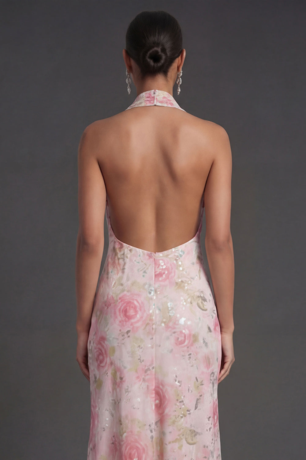 Pink Floral Sheath Halter Neck Midi Beach Wedding Guest Dress with Slit