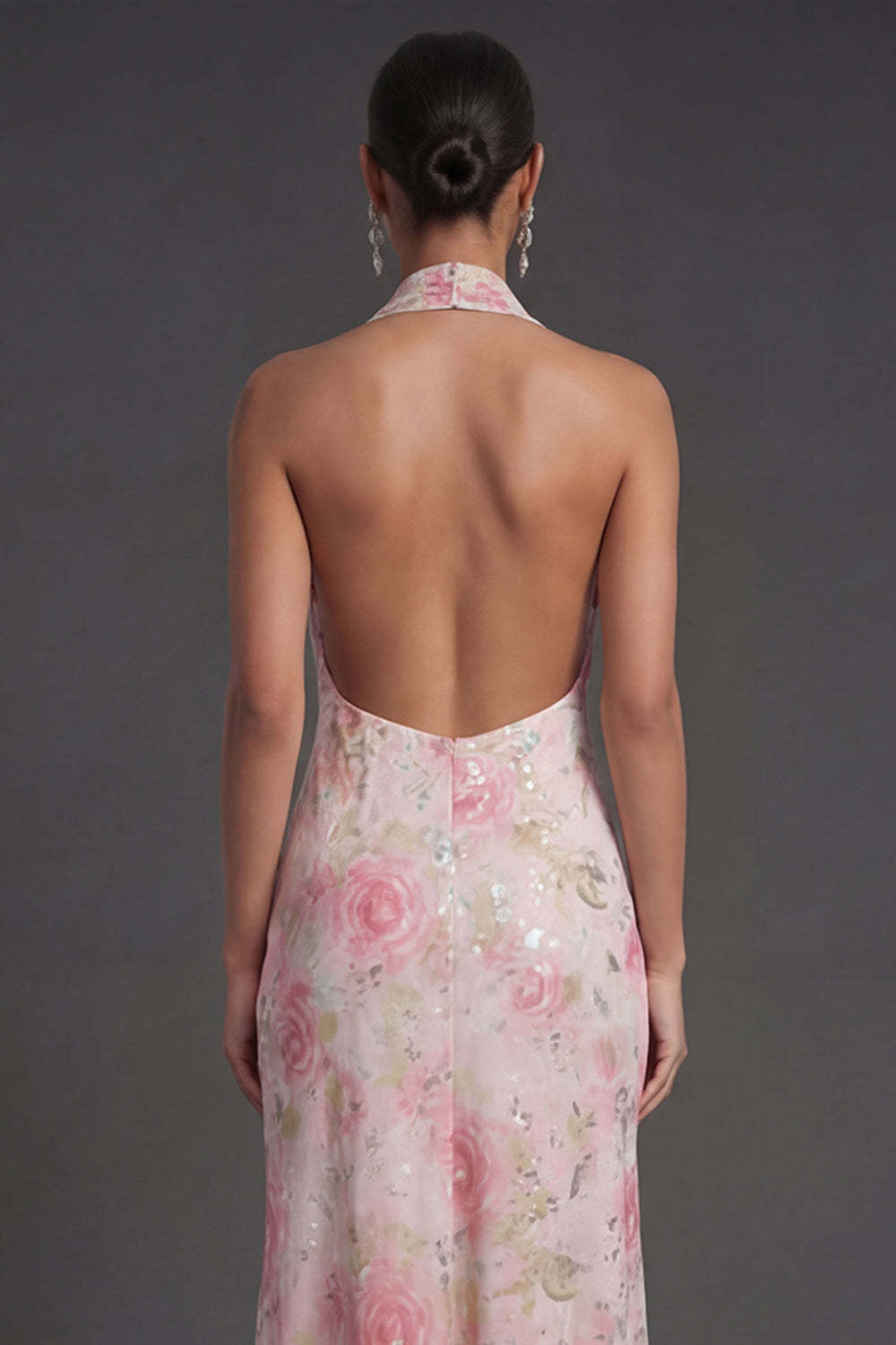 Pink Floral Sheath Halter Neck Midi Beach Wedding Guest Dress with Slit