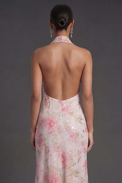 Pink Floral Sheath Halter Neck Midi Beach Wedding Guest Dress with Slit