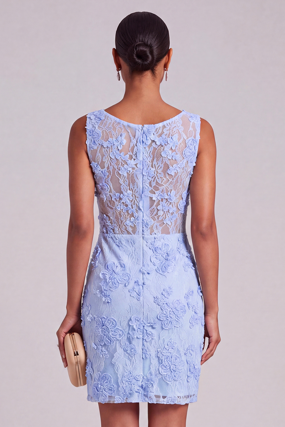 Blue Appliqued Floral Round Neck Short Wedding Guest Dress