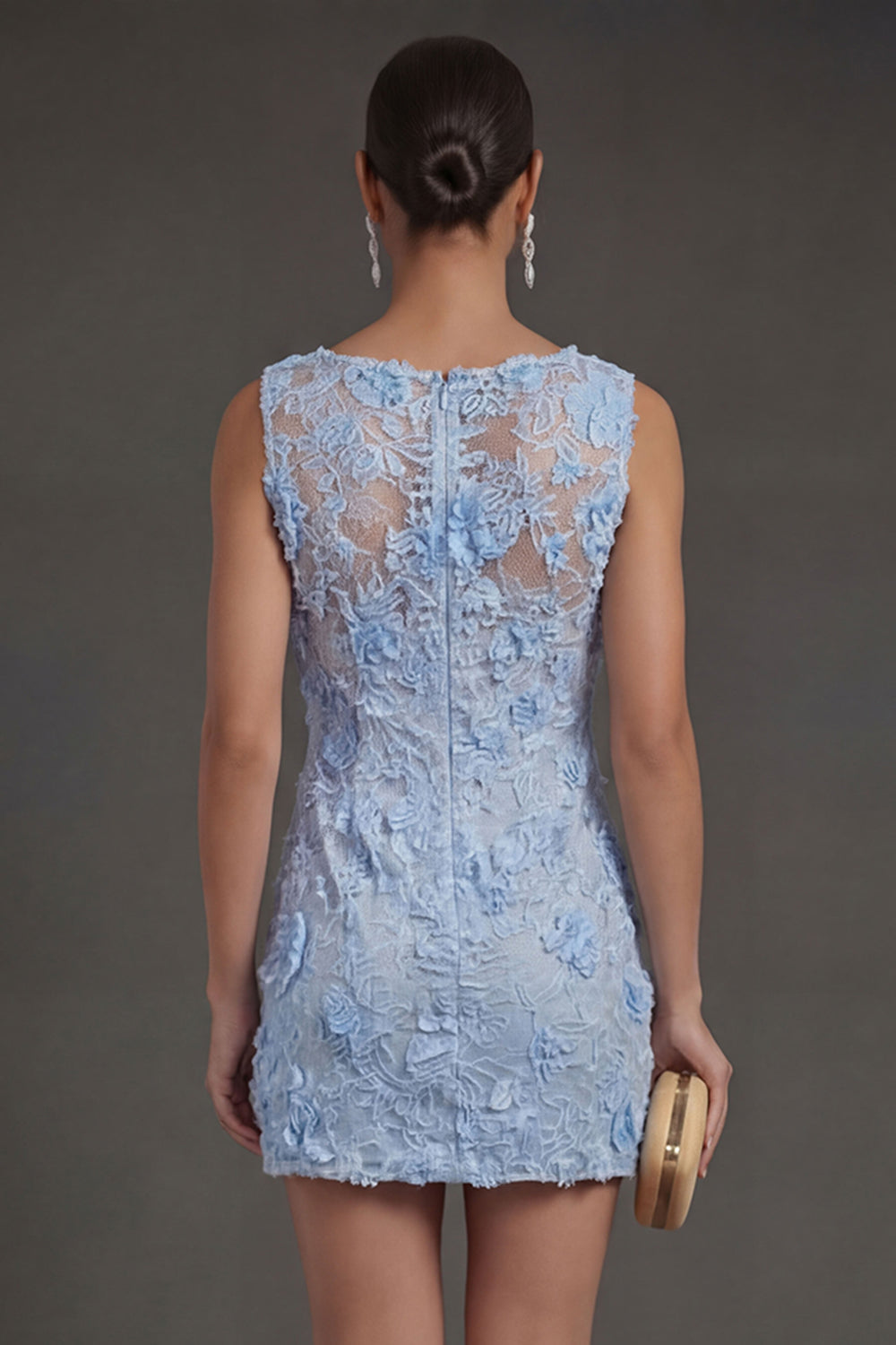 Blue Appliqued Floral Round Neck Short Wedding Guest Dress